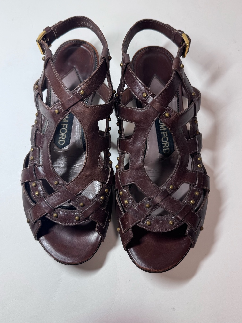 Tom Ford Brown Leather Studded Woven Gladiator Sandals